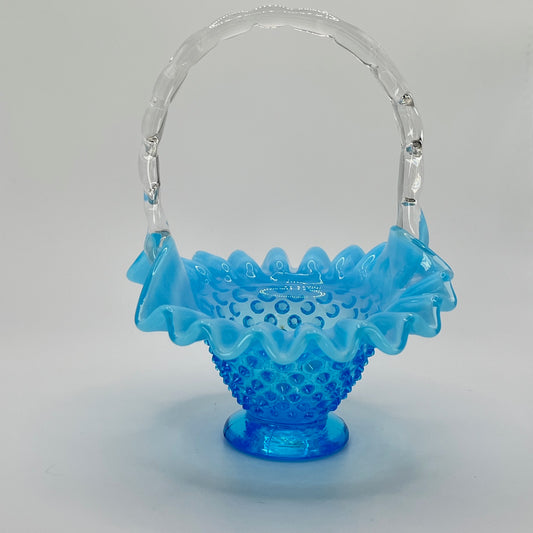 Blue Opalescent Hobnail Glass Basket with Clear Handle – Vintage Art Glass