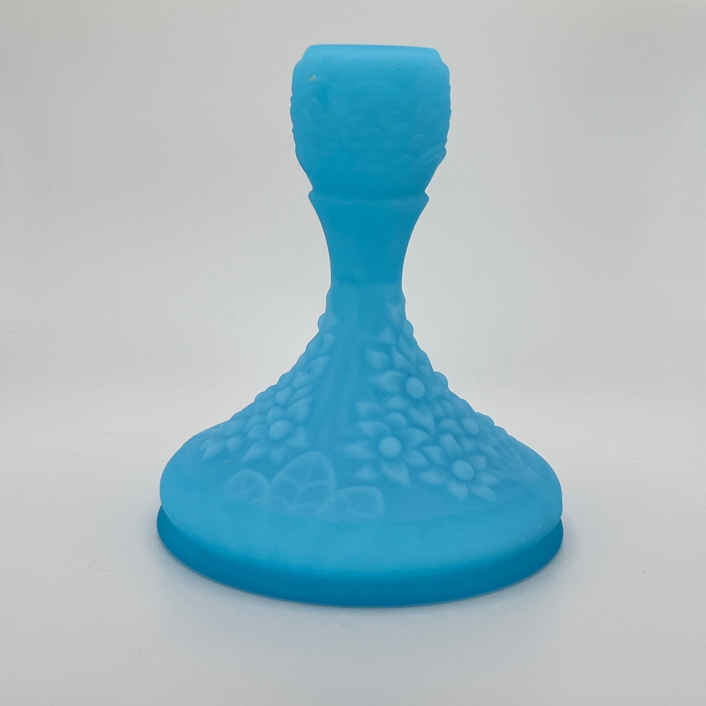 Blue Satin Glass Floral Candlestick Holder – Vintage Molded Art Glass