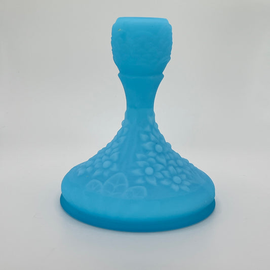 Blue Satin Glass Floral Candlestick Holder – Vintage Molded Art Glass