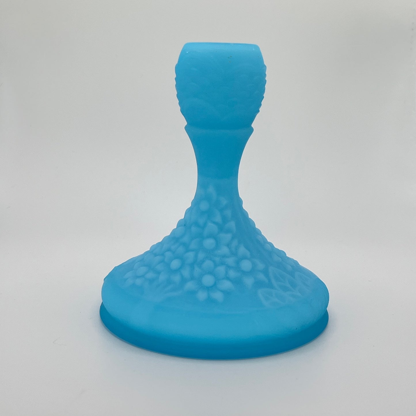 Blue Satin Glass Floral Candlestick Holder – Vintage Molded Art Glass