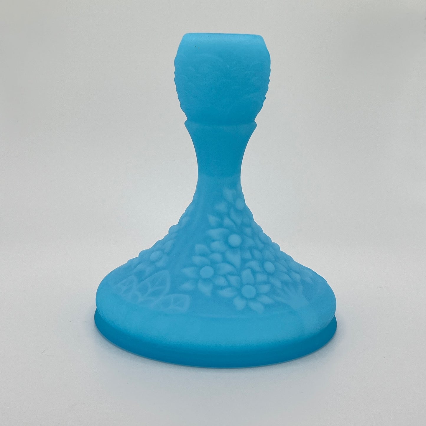 Blue Satin Glass Floral Candlestick Holder – Vintage Molded Art Glass