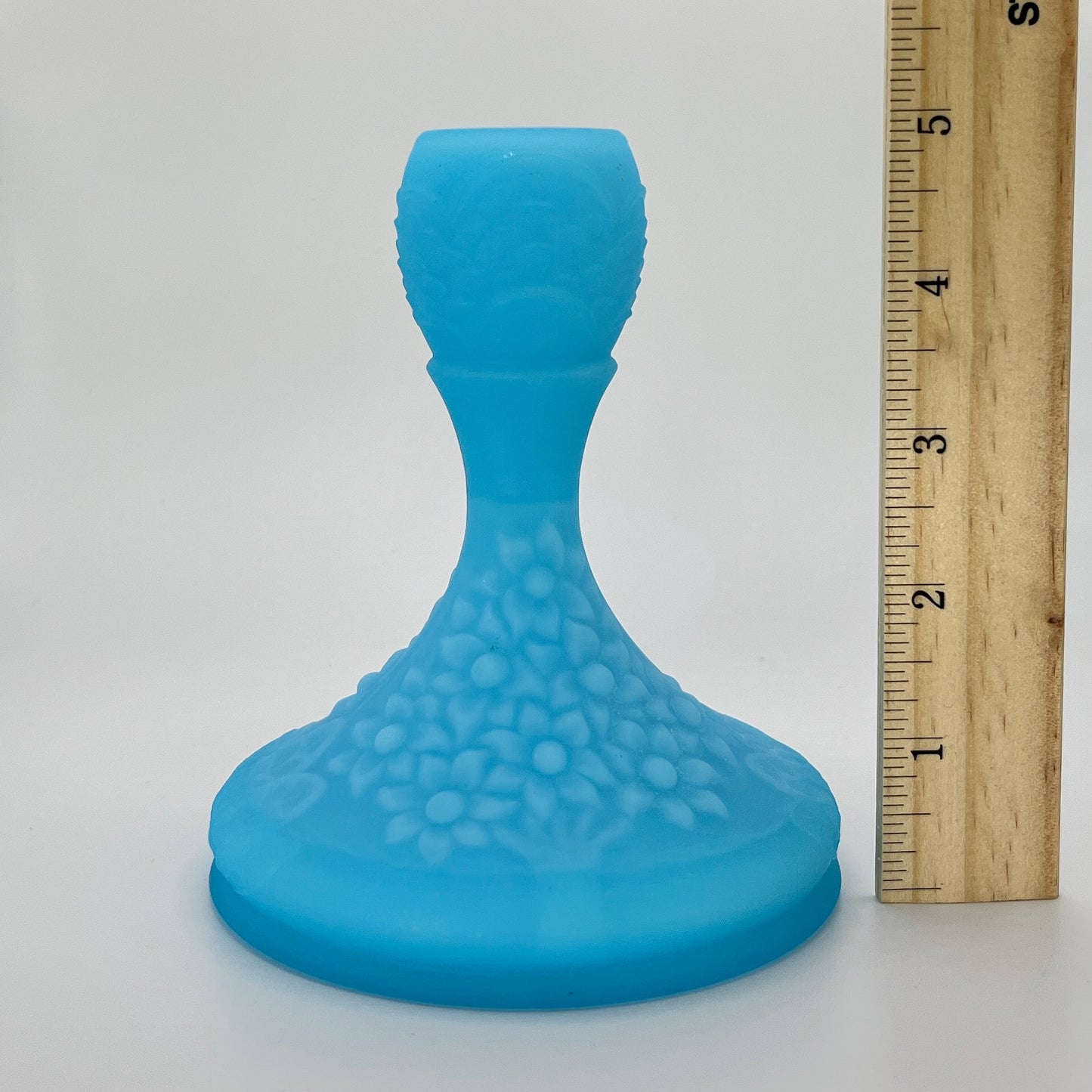 Blue Satin Glass Floral Candlestick Holder – Vintage Molded Art Glass