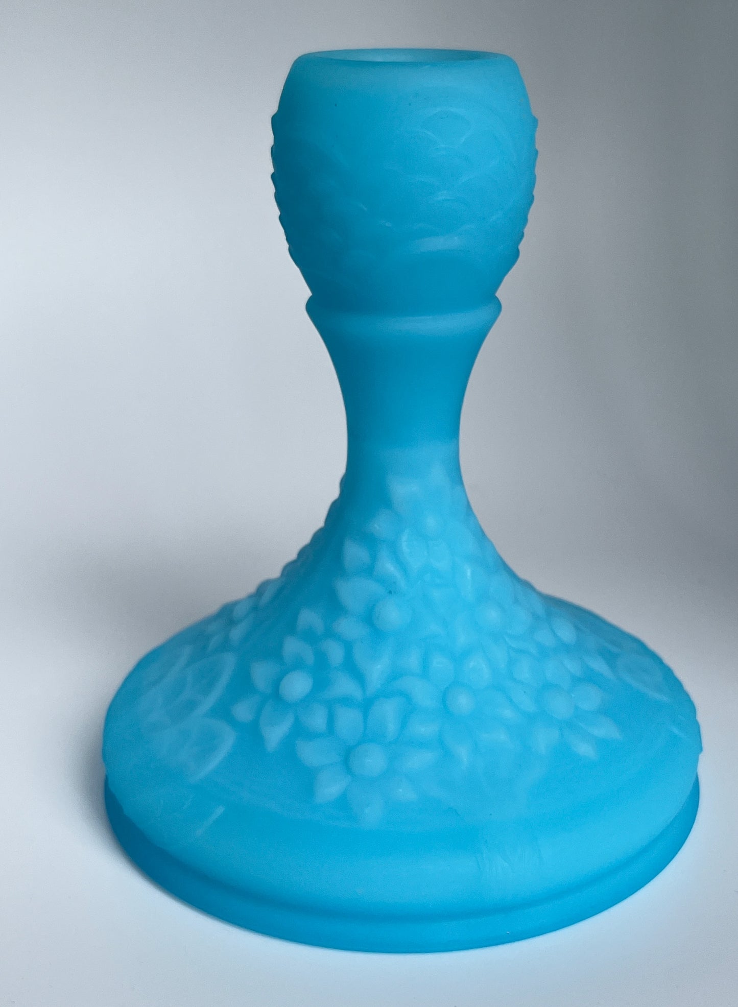 Blue Satin Glass Floral Candlestick Holder – Vintage Molded Art Glass