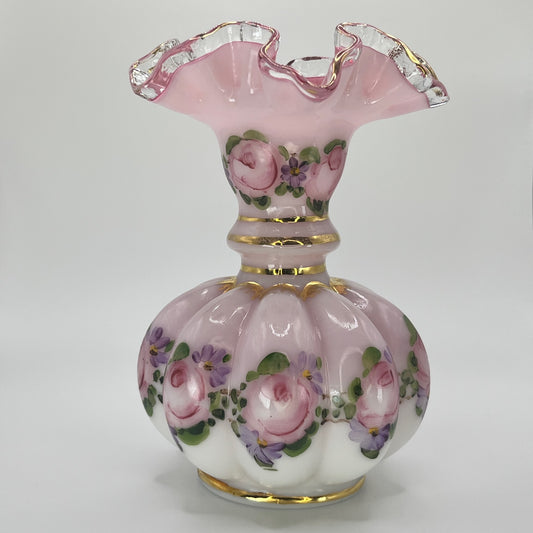 Fenton Hand-Painted Pink Art Glass Vase – Gold Trim, Ruffled Rim, Floral Design