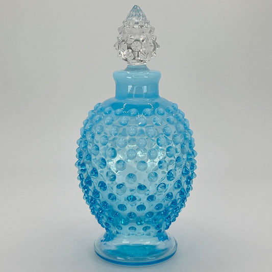 Blue Opalescent Hobnail Apothecary Bottle with Clear Stopper – Vintage Art Glass