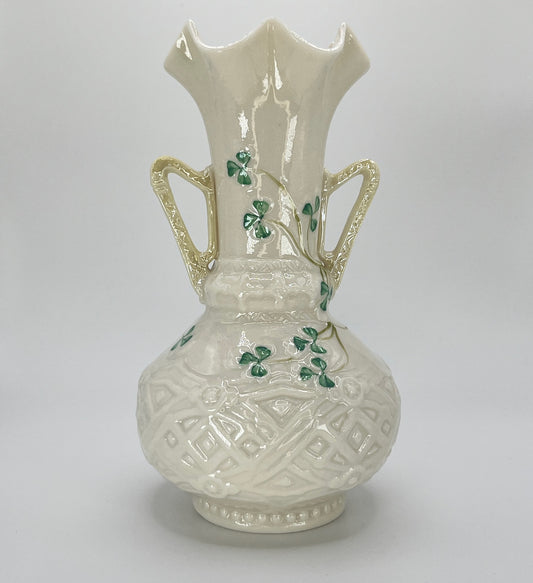 Belleek Shamrock Vase – Irish Porcelain with Celtic Embossing & Twin Handles (1965–1980)