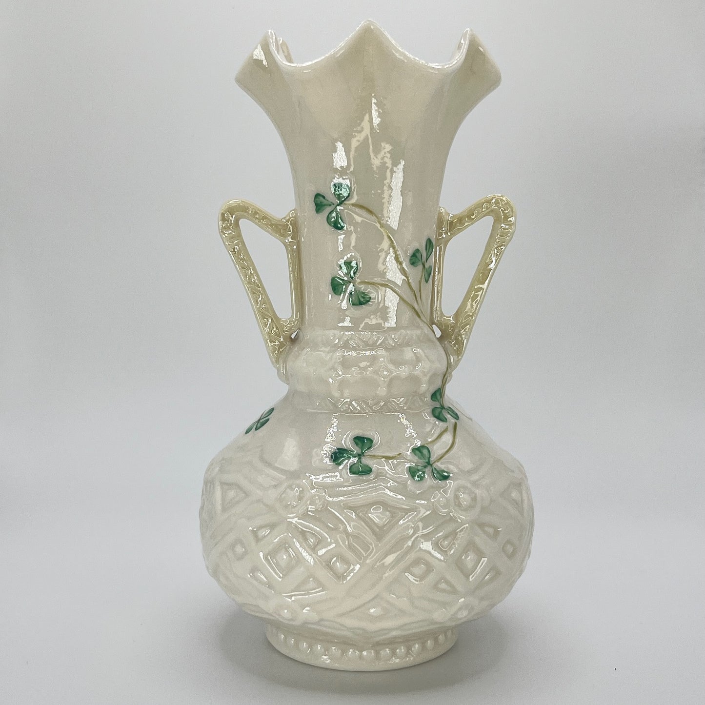 Belleek Shamrock Vase – Irish Porcelain with Celtic Embossing & Twin Handles (1965–1980)