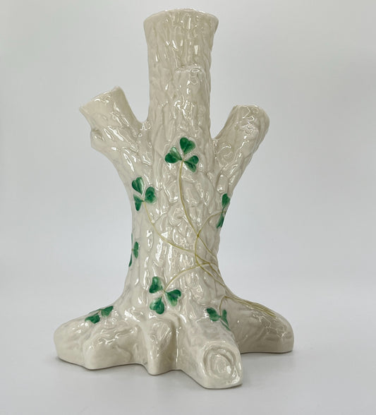 Belleek Tree Trunk Vase – Irish Parian Porcelain with Hand-Painted Shamrocks (6th Mark, 1965–1980)