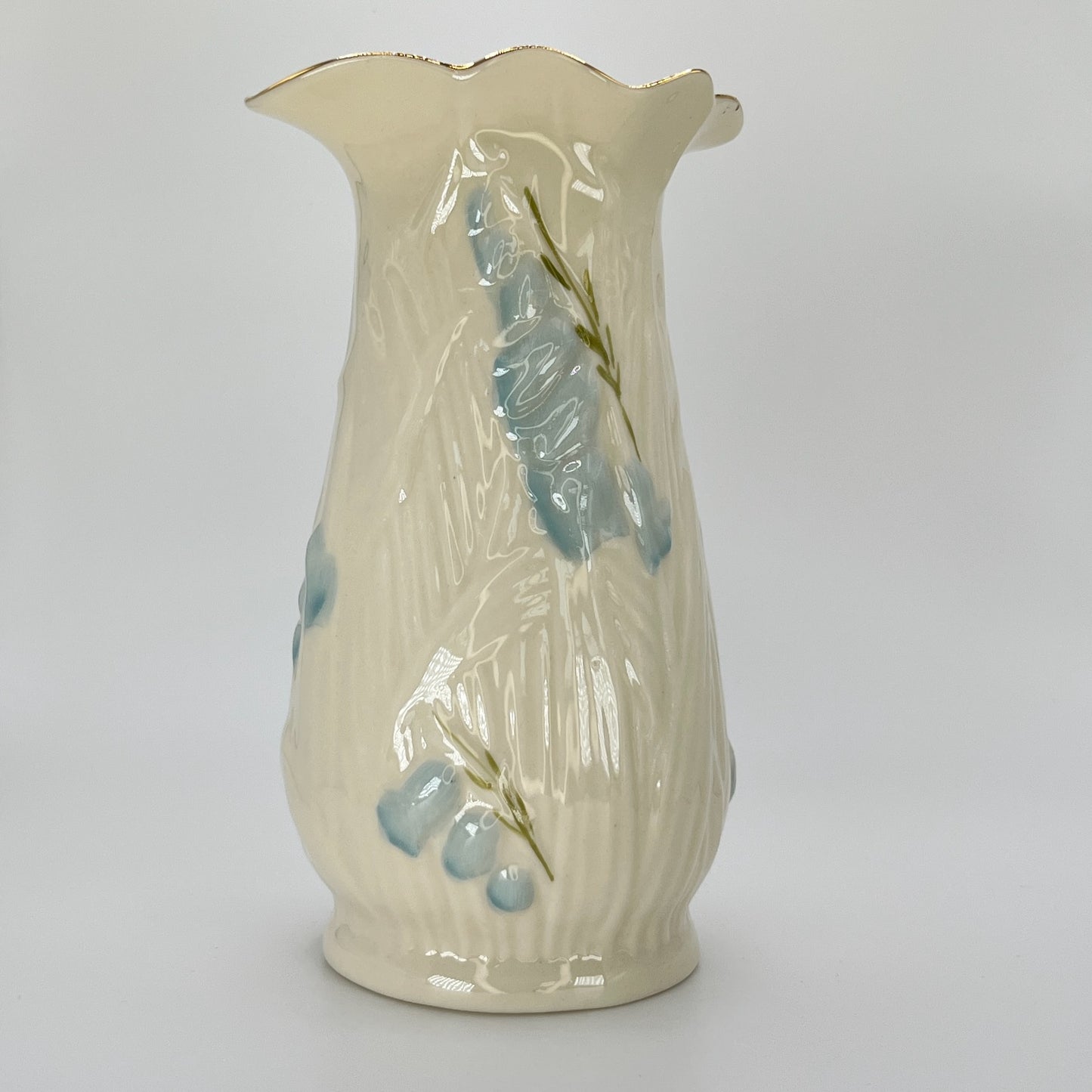 Belleek Blue Floral Vase – Irish Parian Porcelain with Gold Rim (8th Mark, 1993–1997)