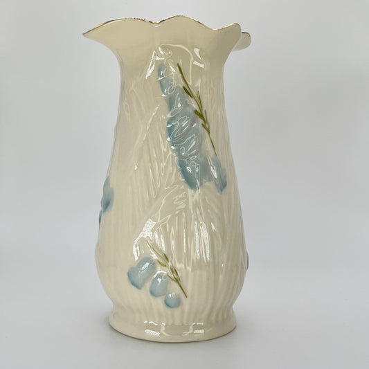 Belleek Blue Floral Vase – Irish Parian Porcelain with Gold Rim (8th Mark, 1993–1997)