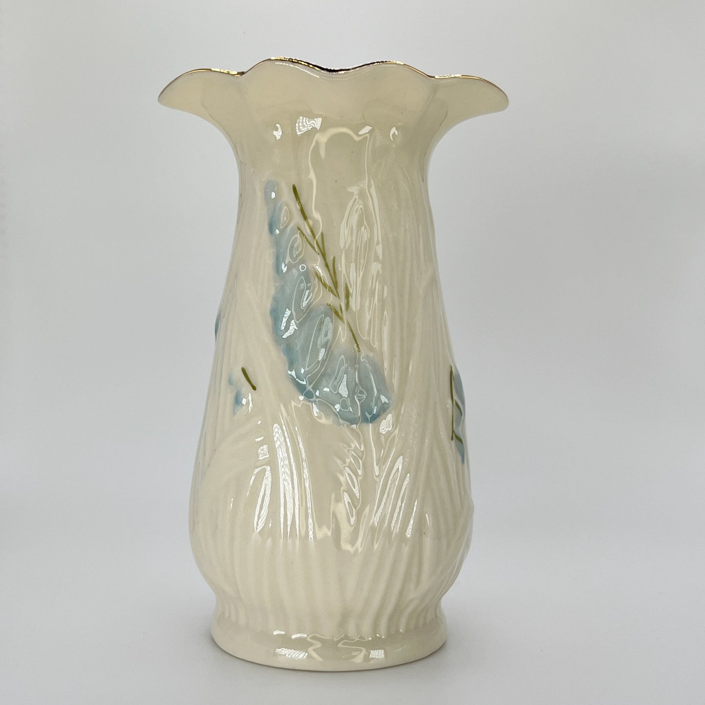 Belleek Blue Floral Vase – Irish Parian Porcelain with Gold Rim (8th Mark, 1993–1997)