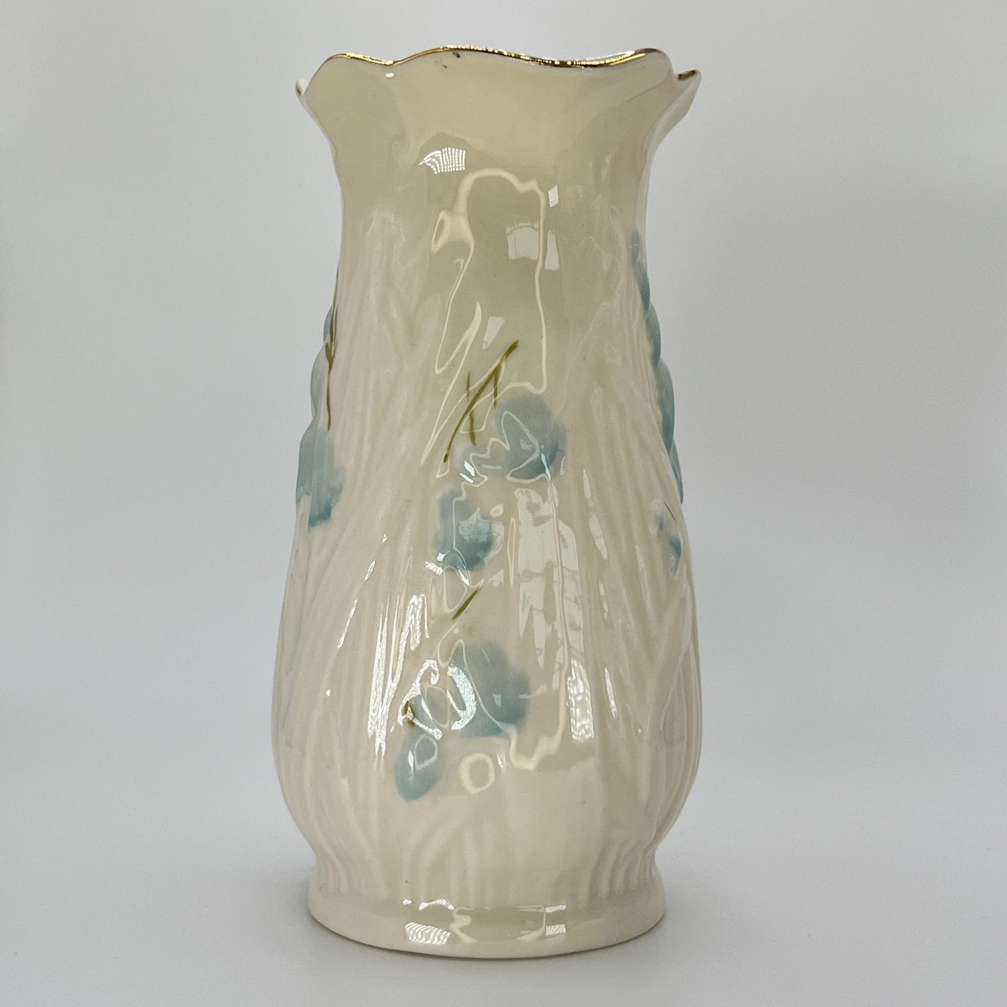 Belleek Blue Floral Vase – Irish Parian Porcelain with Gold Rim (8th Mark, 1993–1997)