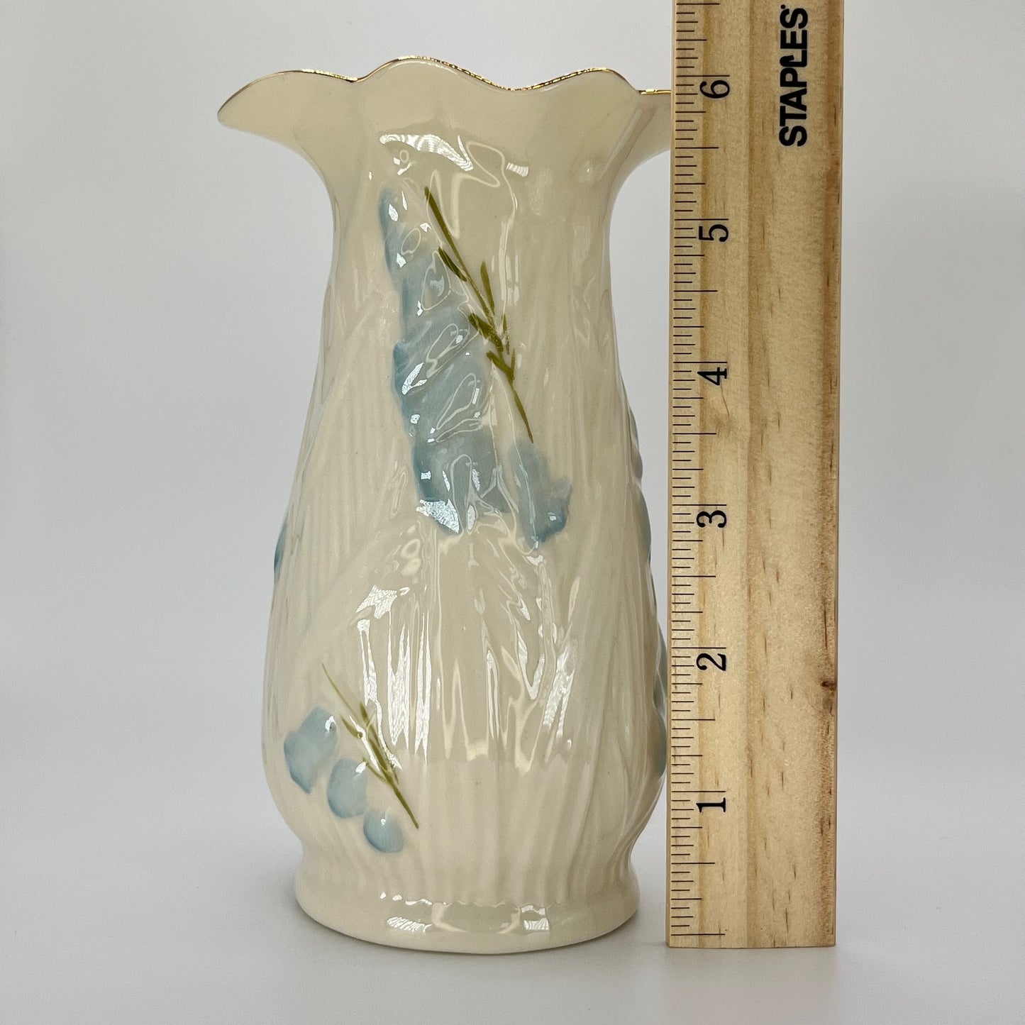 Belleek Blue Floral Vase – Irish Parian Porcelain with Gold Rim (8th Mark, 1993–1997)