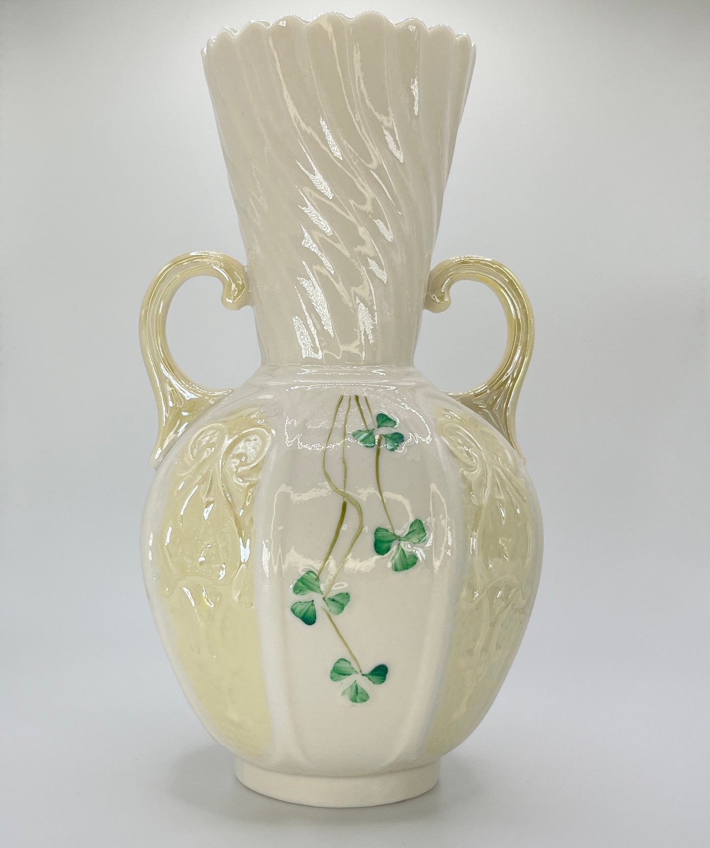 Belleek Shamrock Twin Handle Vase – Irish Porcelain with Swirl Neck & Embossed Scrolls (8")