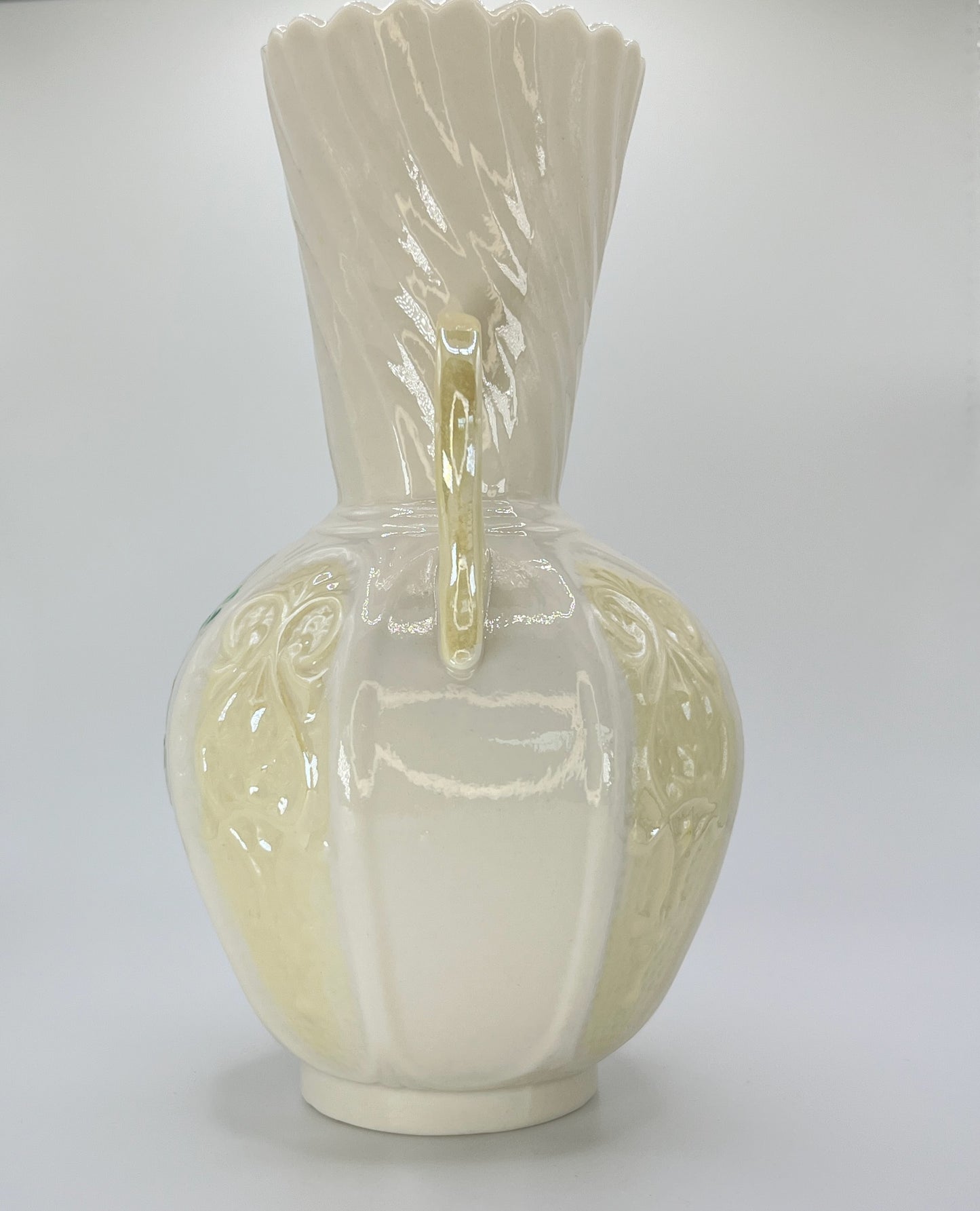 Belleek Shamrock Twin Handle Vase – Irish Porcelain with Swirl Neck & Embossed Scrolls (8")