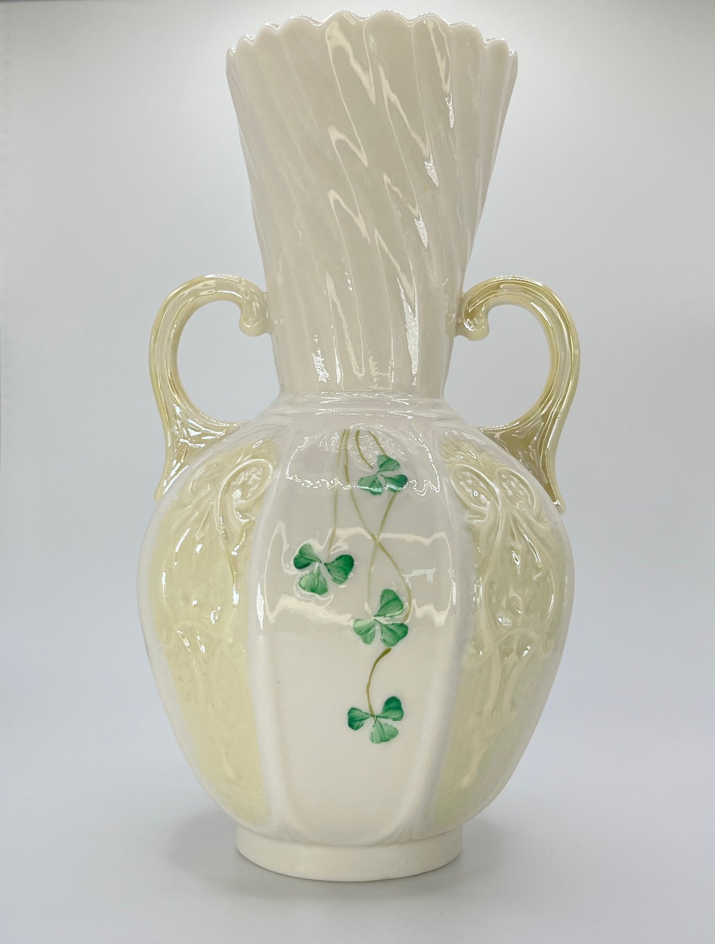 Belleek Shamrock Twin Handle Vase – Irish Porcelain with Swirl Neck & Embossed Scrolls (8")