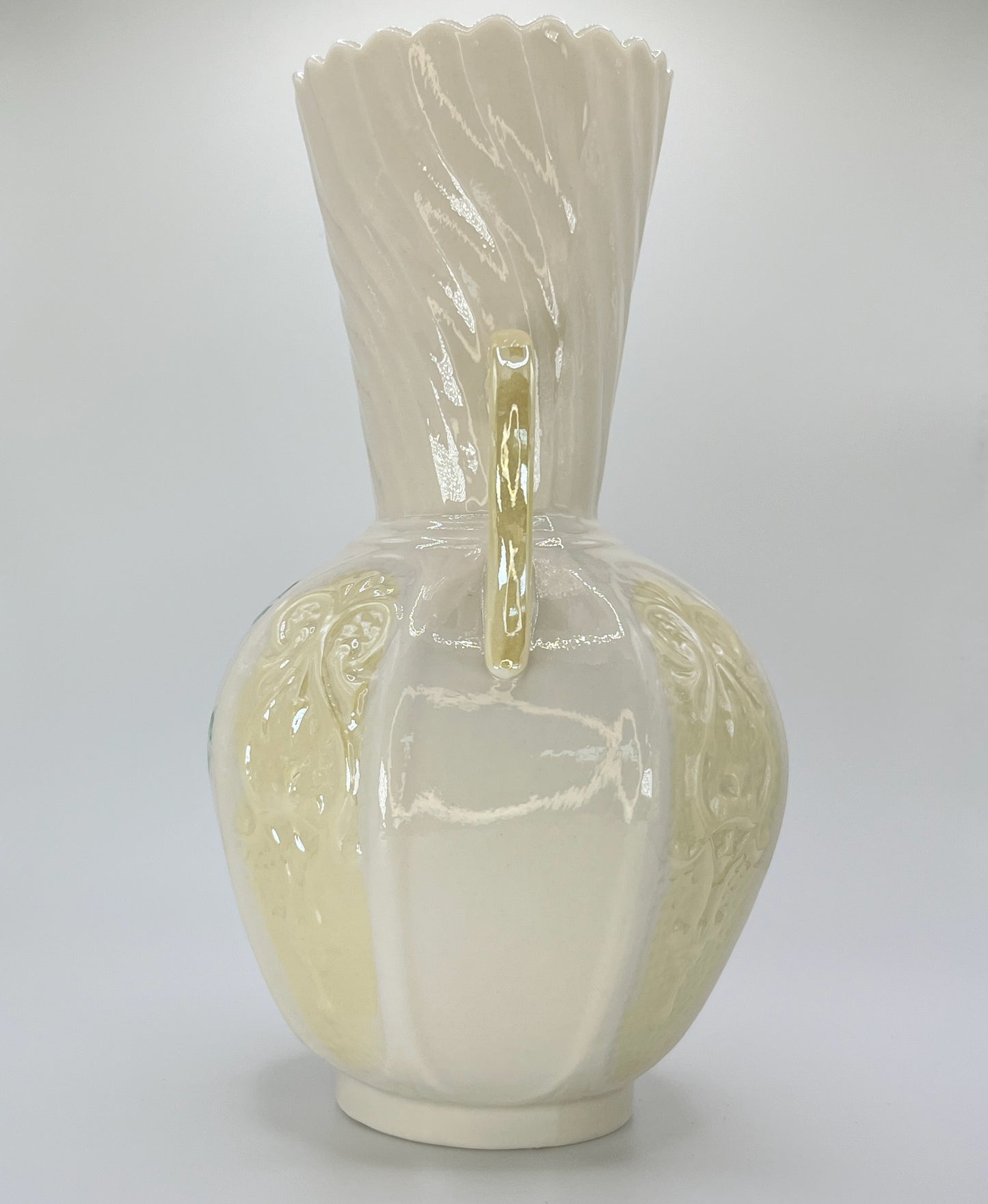 Belleek Shamrock Twin Handle Vase – Irish Porcelain with Swirl Neck & Embossed Scrolls (8")