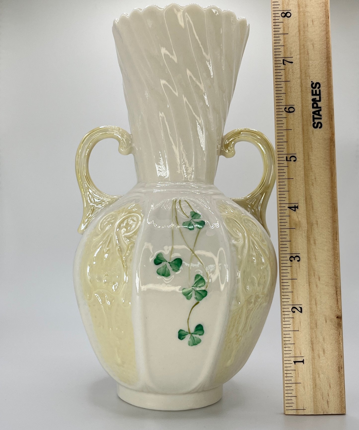 Belleek Shamrock Twin Handle Vase – Irish Porcelain with Swirl Neck & Embossed Scrolls (8")