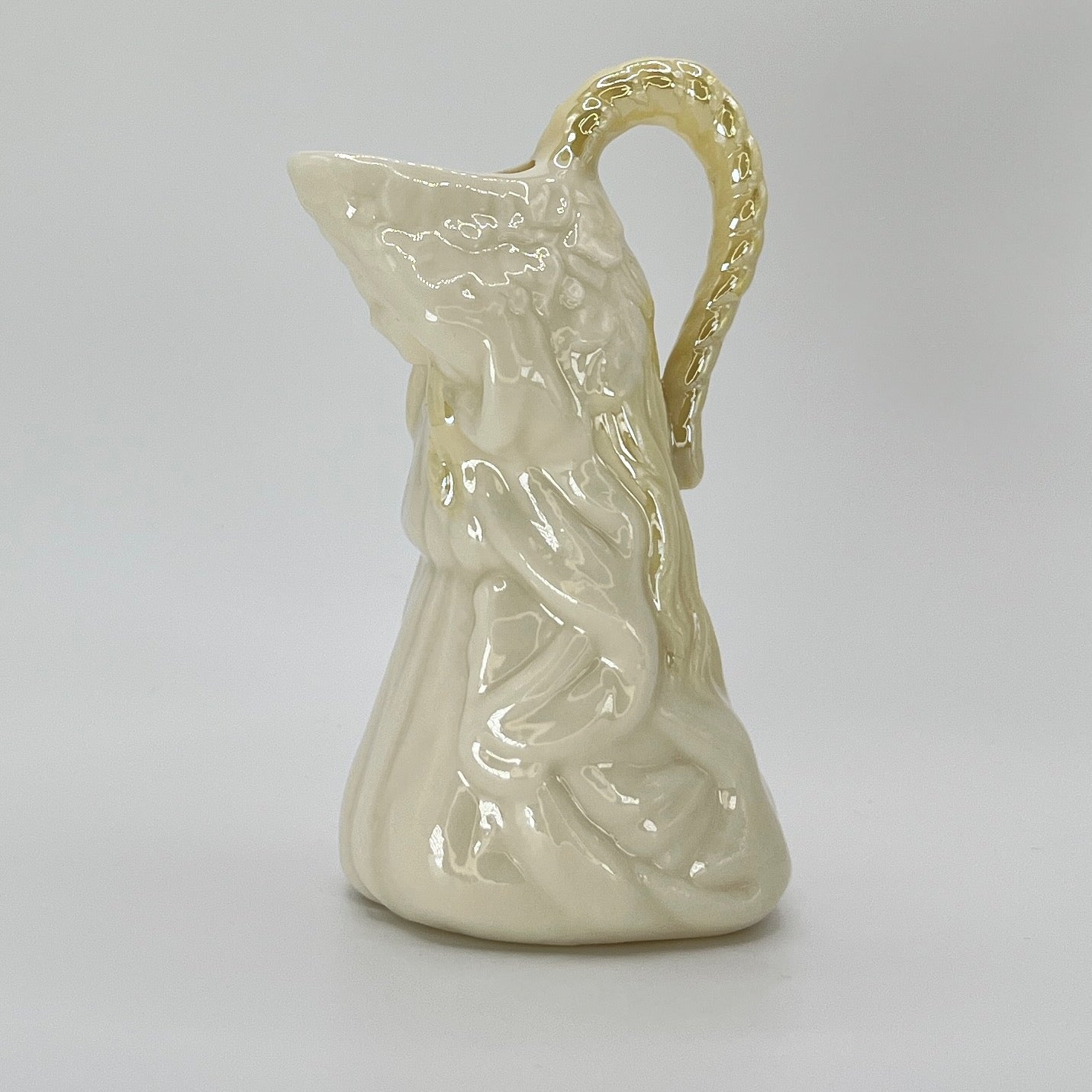 Belleek Draped Woman Ewer – Irish Parian Porcelain with Yellow Glazed Handle (6th Mark, 1965–1980)