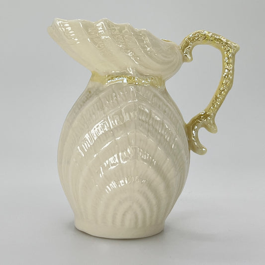 Belleek Shell Ewer Pitcher – Irish Parian Porcelain with Yellow Handle (6th Mark, 1965–1980)