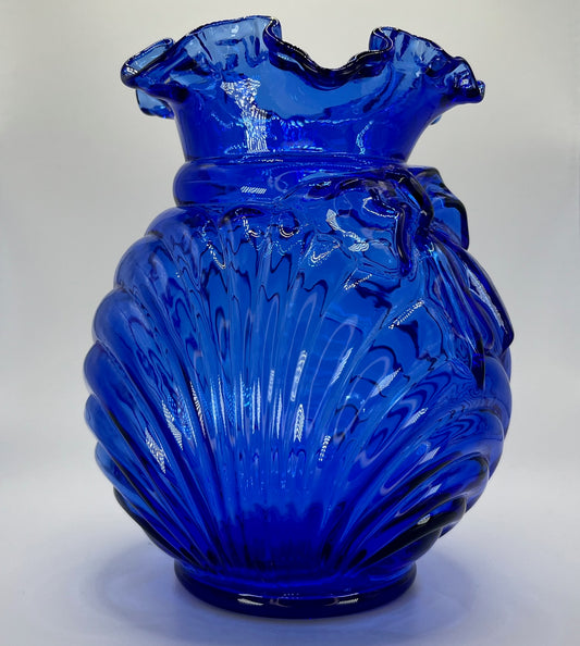 Cobalt Blue Art Glass Vase with Ruffled Rim & Bow Design