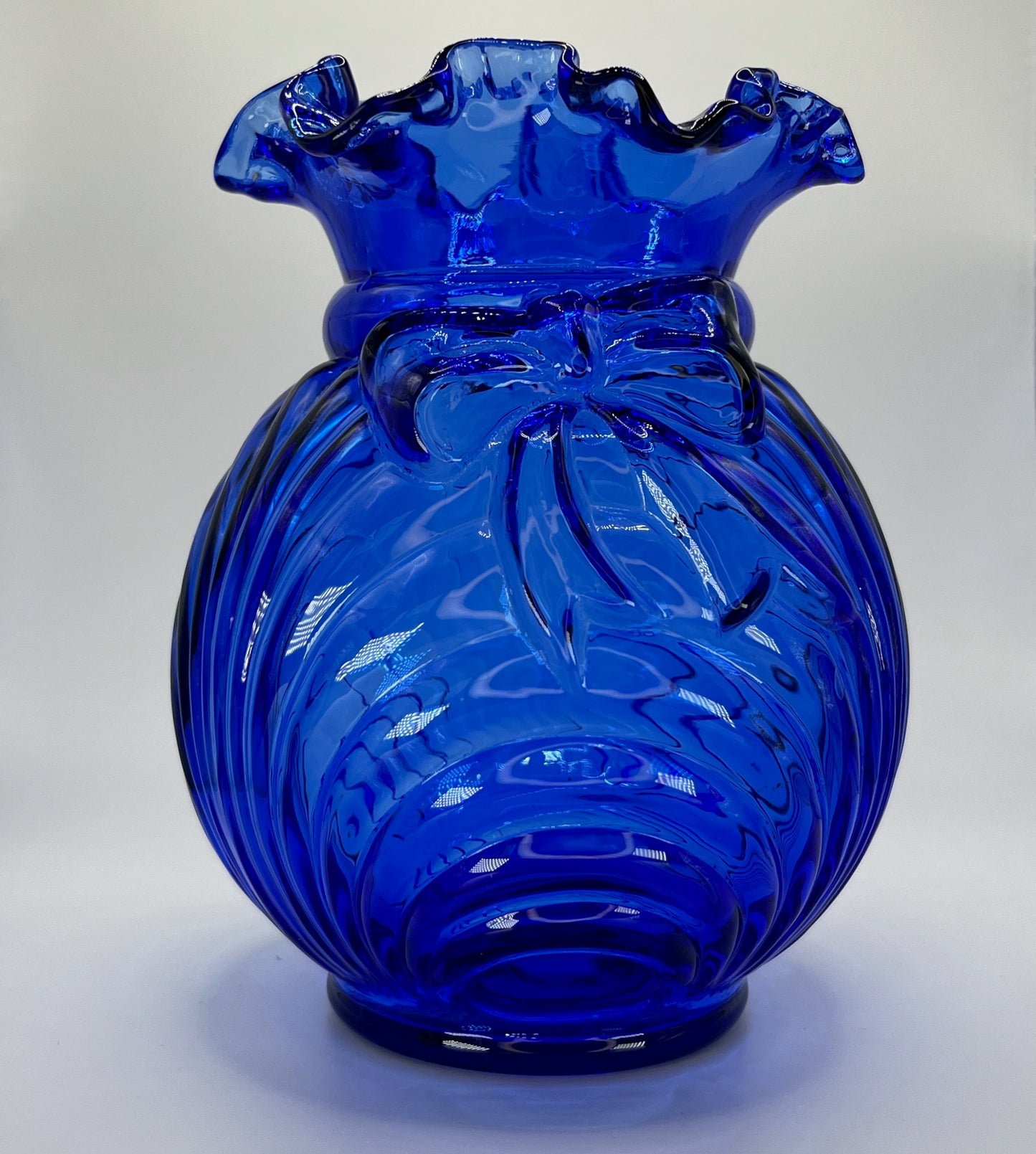 Cobalt Blue Art Glass Vase with Ruffled Rim & Bow Design