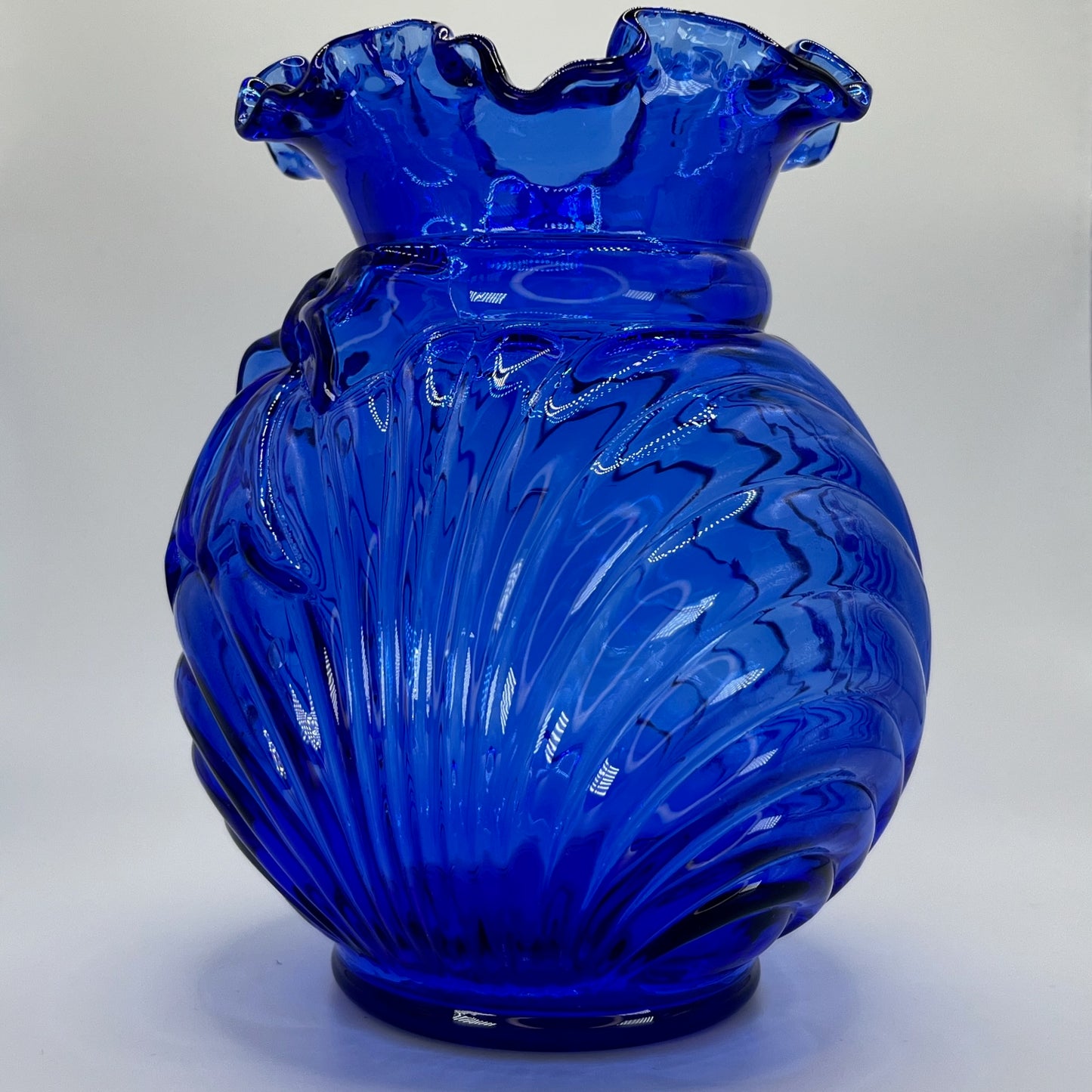 Cobalt Blue Art Glass Vase with Ruffled Rim & Bow Design