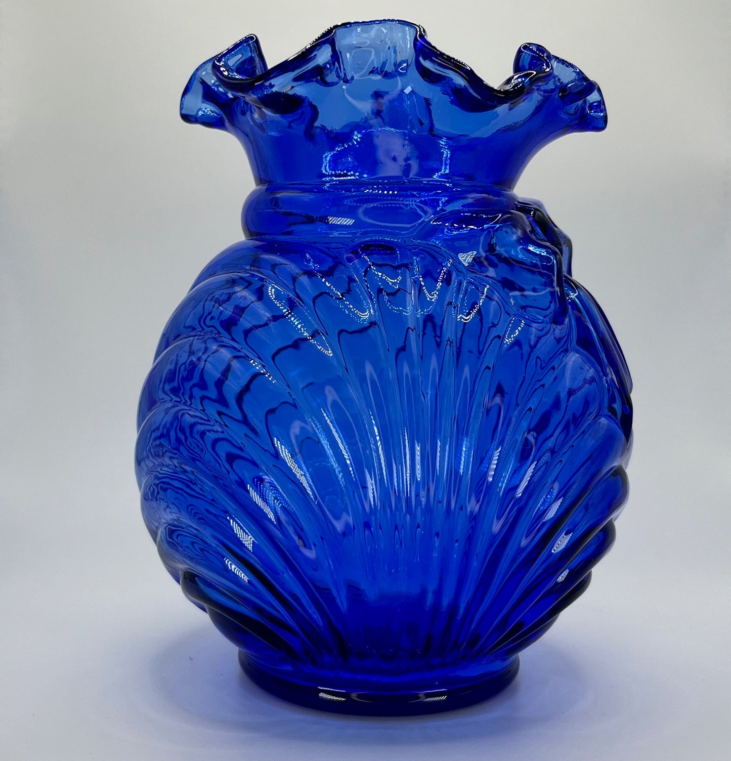 Cobalt Blue Art Glass Vase with Ruffled Rim & Bow Design