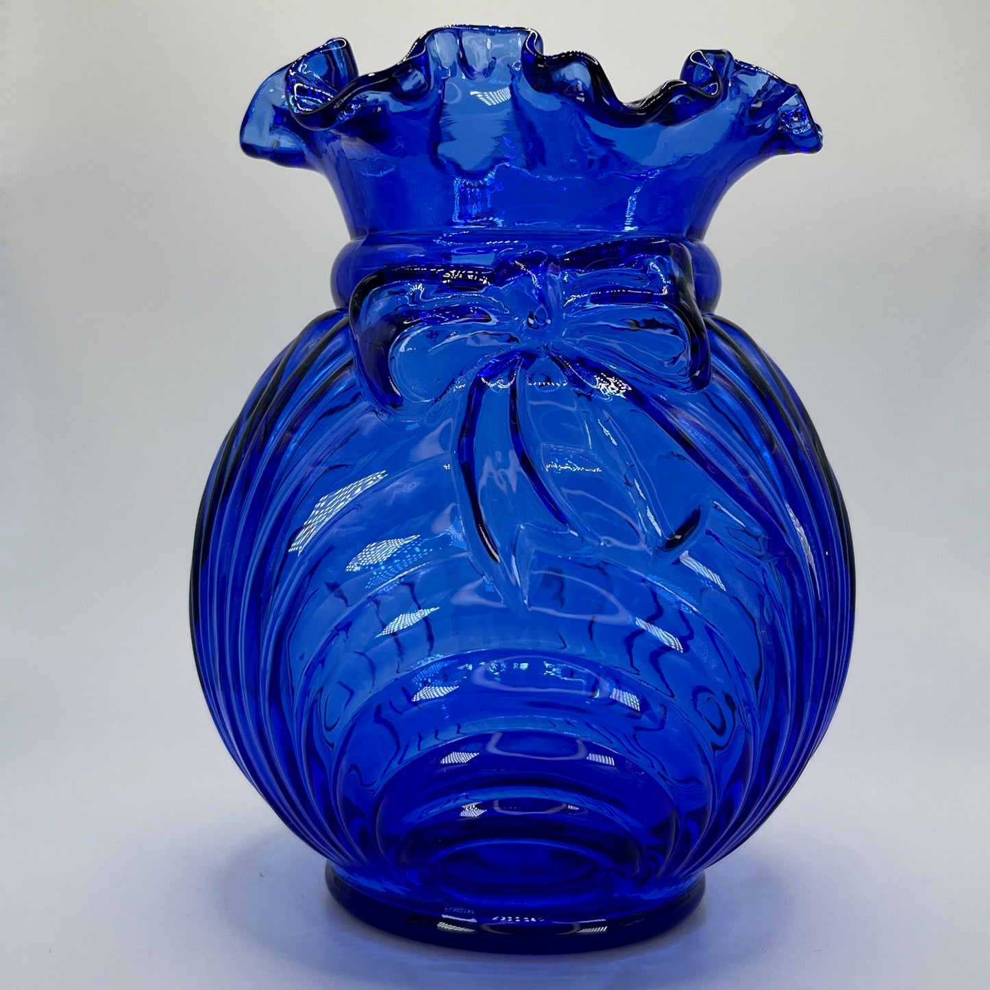 Cobalt Blue Art Glass Vase with Ruffled Rim & Bow Design