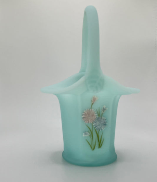 Fenton Blue Satin Glass Basket with Hand-Painted Wildflowers – Signed