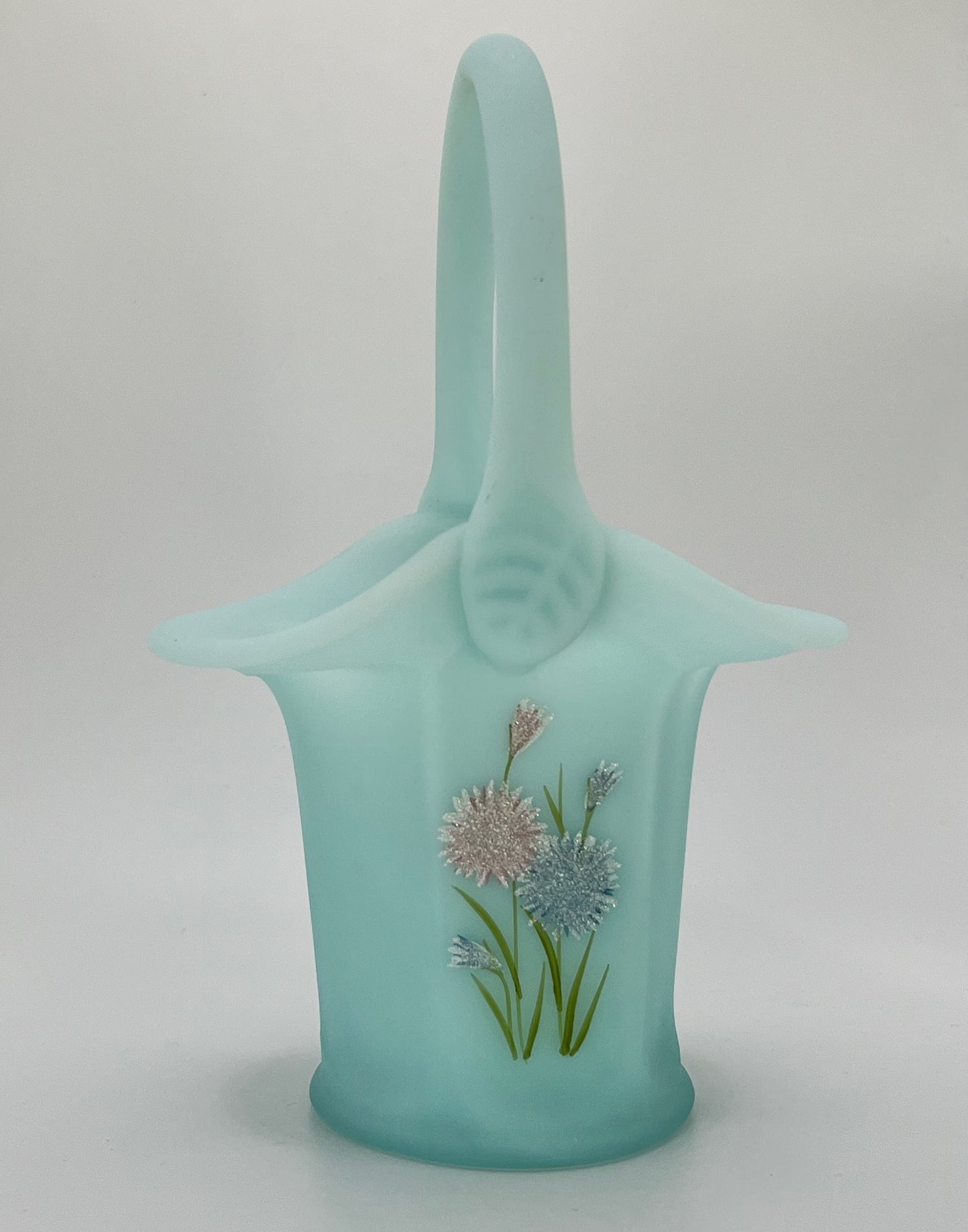 Fenton Blue Satin Glass Basket with Hand-Painted Wildflowers – Signed