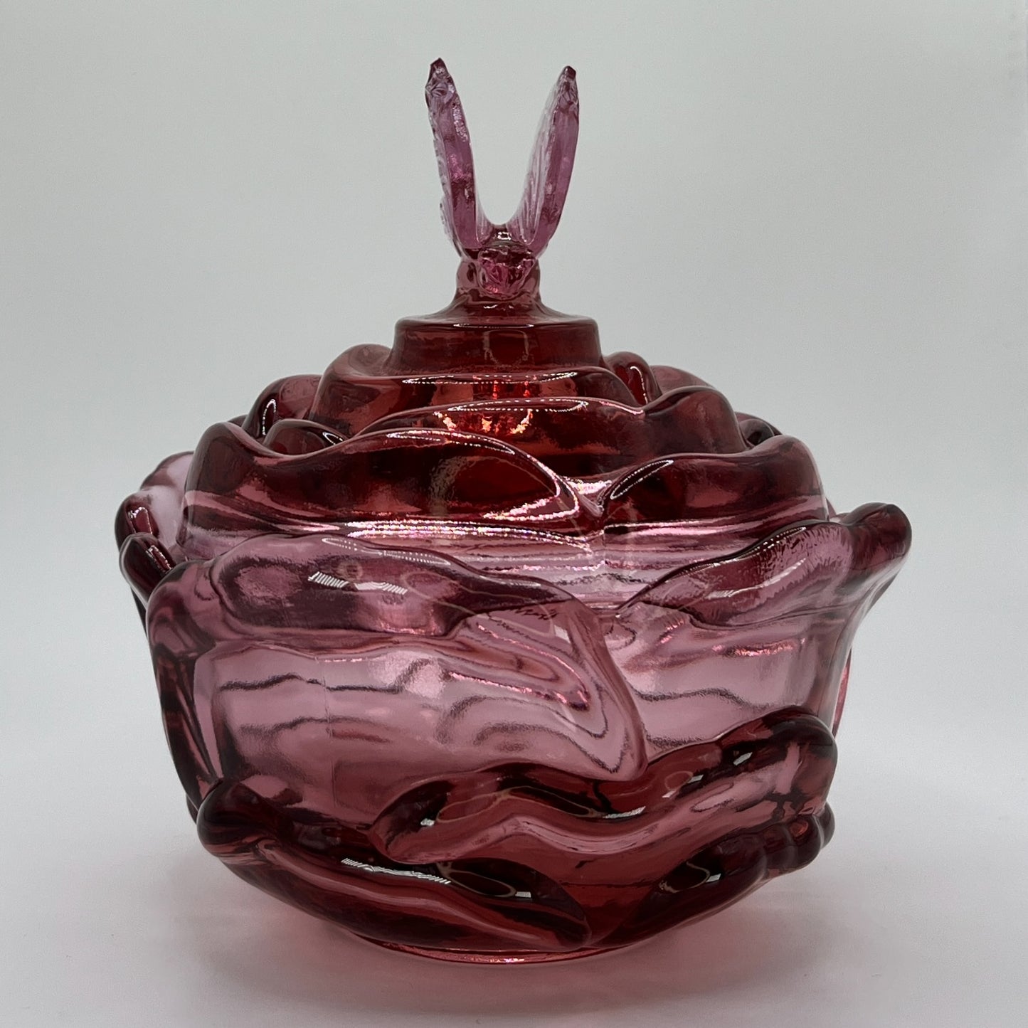 Fenton Vintage Pink Rose Candy Dish with Butterfly Lid