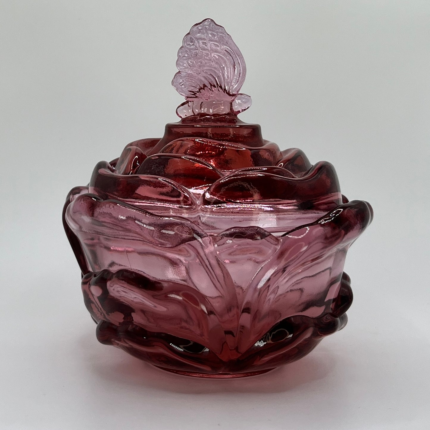 Fenton Vintage Pink Rose Candy Dish with Butterfly Lid