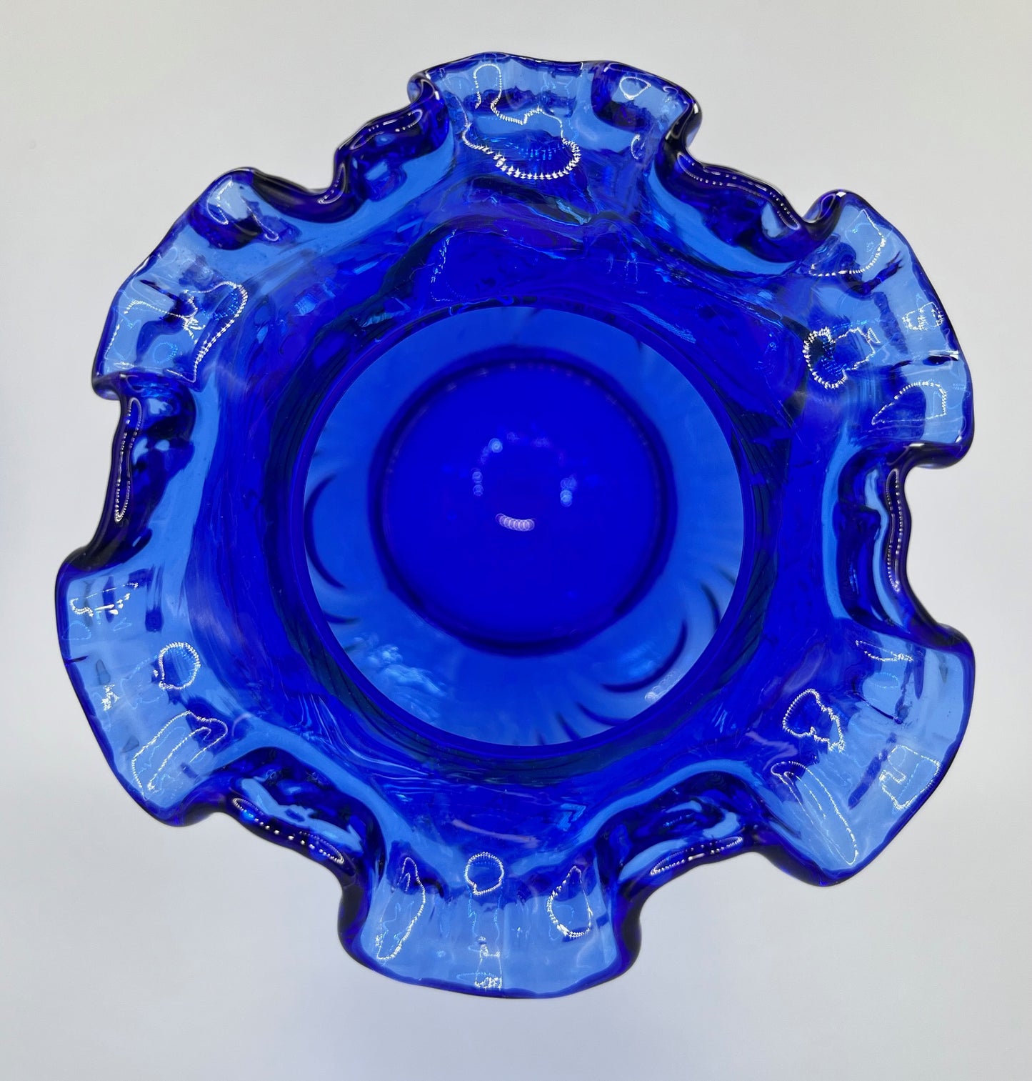 Cobalt Blue Art Glass Vase with Ruffled Rim & Bow Design