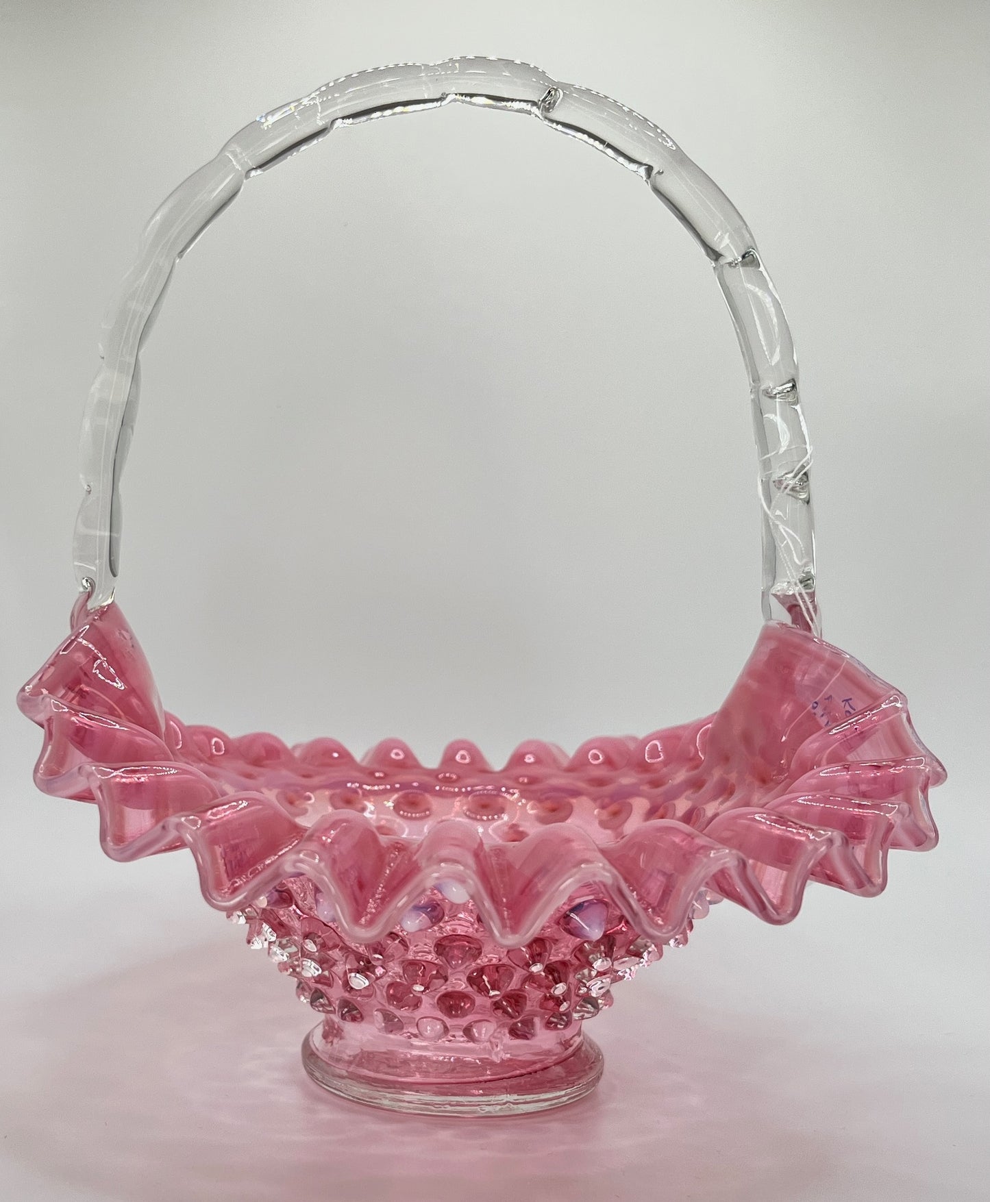 Fenton Cranberry Opalescent Hobnail Basket – Clear Glass Handle & Ruffled Rim