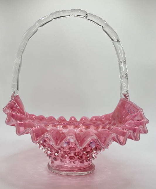 Fenton Cranberry Opalescent Hobnail Basket – Clear Glass Handle & Ruffled Rim