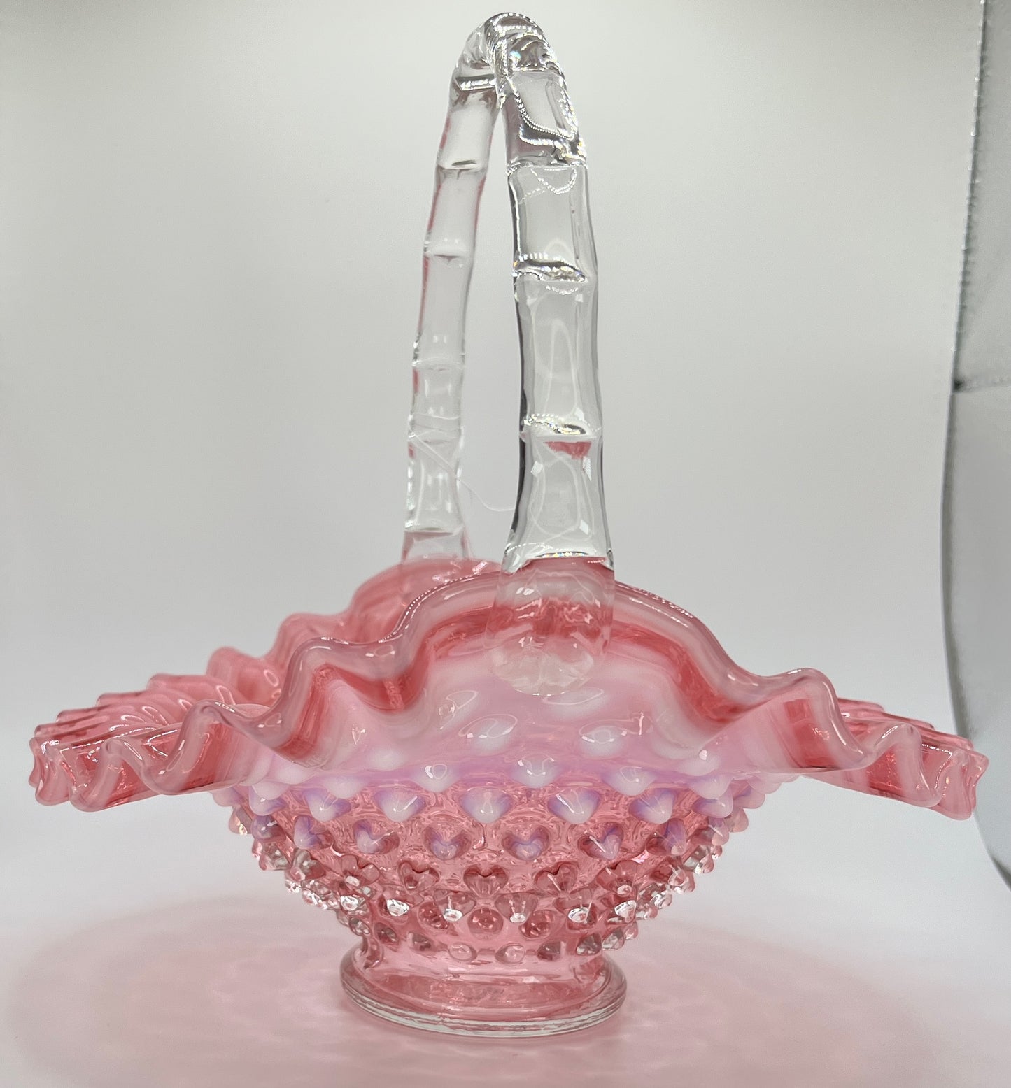 Fenton Cranberry Opalescent Hobnail Basket – Clear Glass Handle & Ruffled Rim