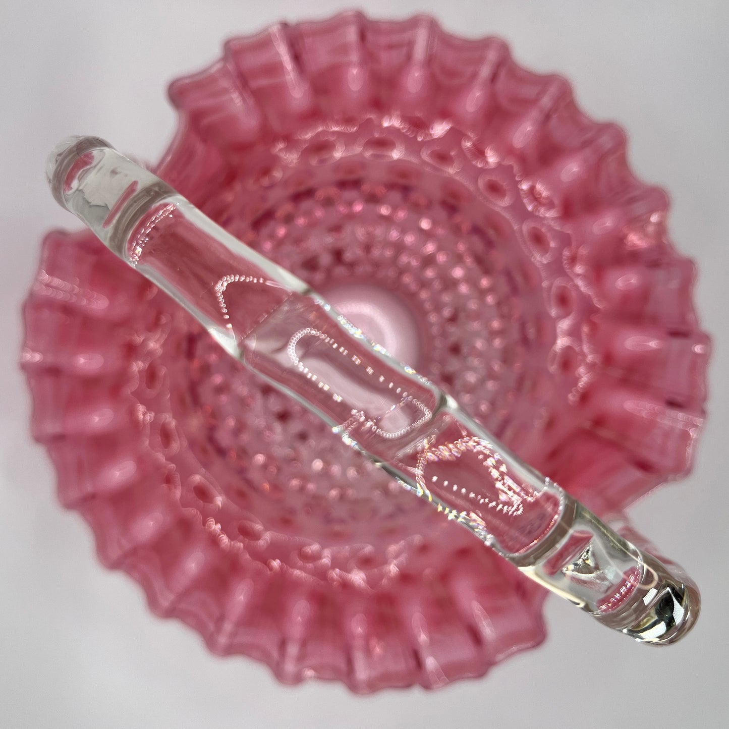 Fenton Cranberry Opalescent Hobnail Basket – Clear Glass Handle & Ruffled Rim