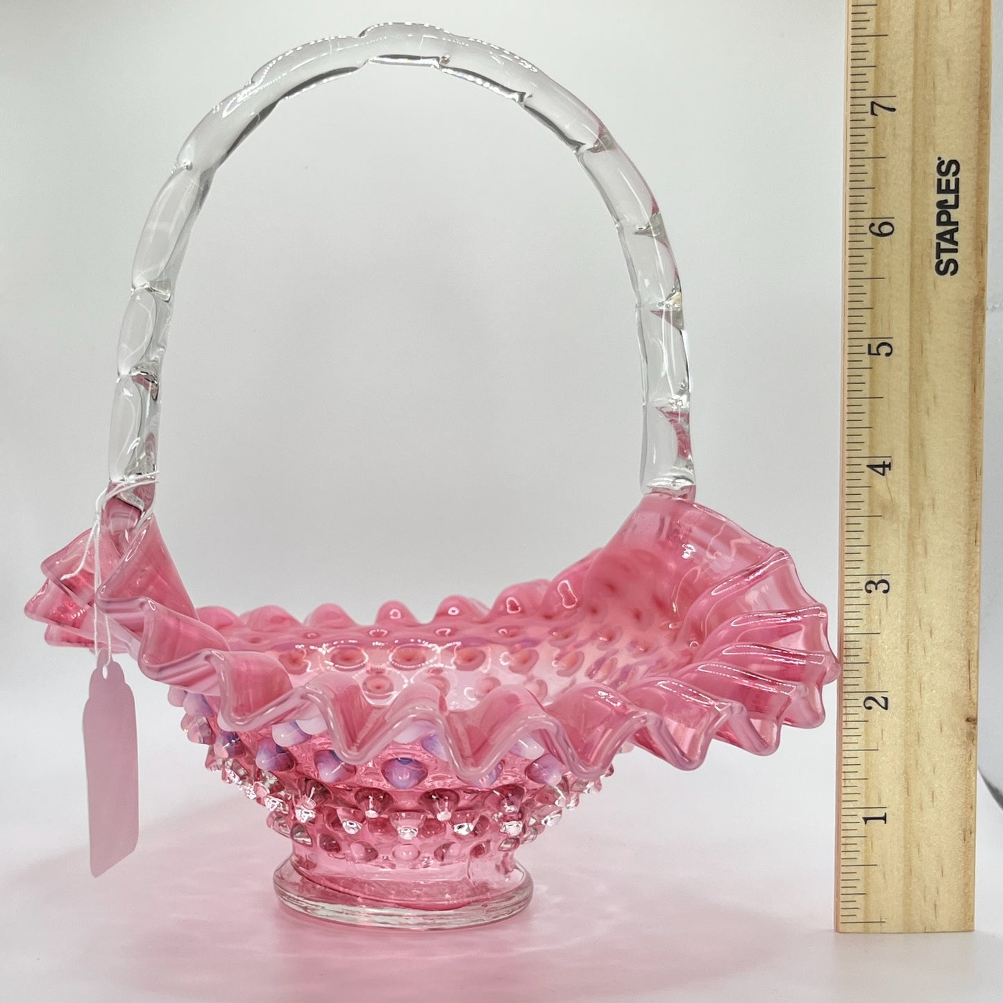 Fenton Cranberry Opalescent Hobnail Basket – Clear Glass Handle & Ruffled Rim