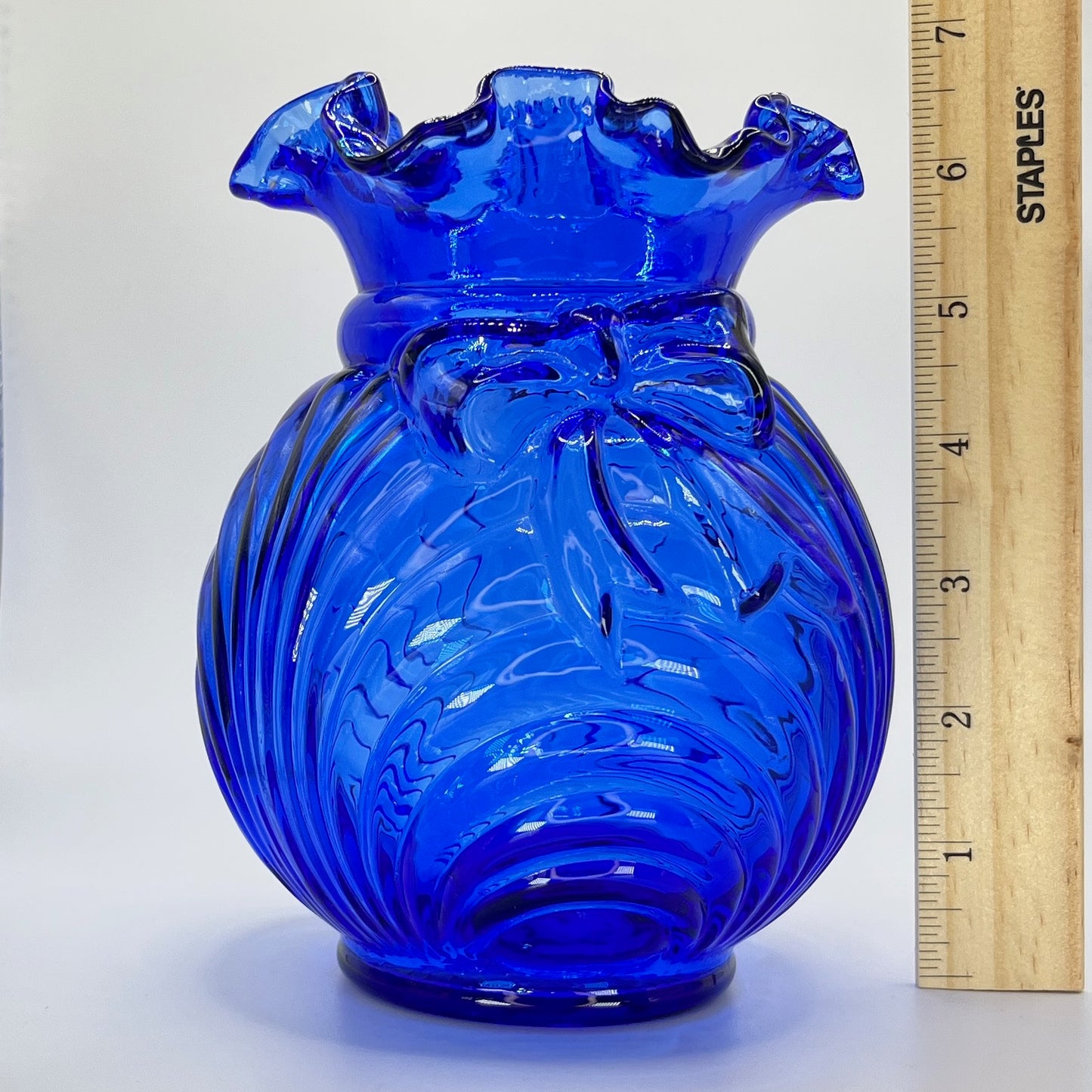 Cobalt Blue Art Glass Vase with Ruffled Rim & Bow Design