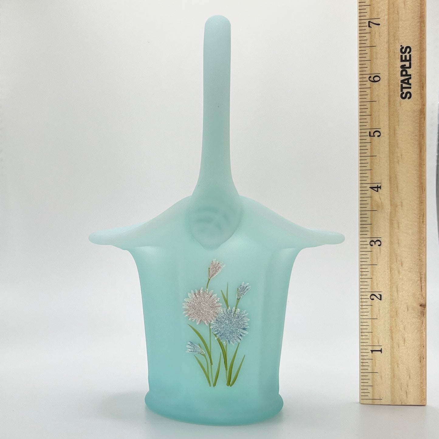 Fenton Blue Satin Glass Basket with Hand-Painted Wildflowers – Signed