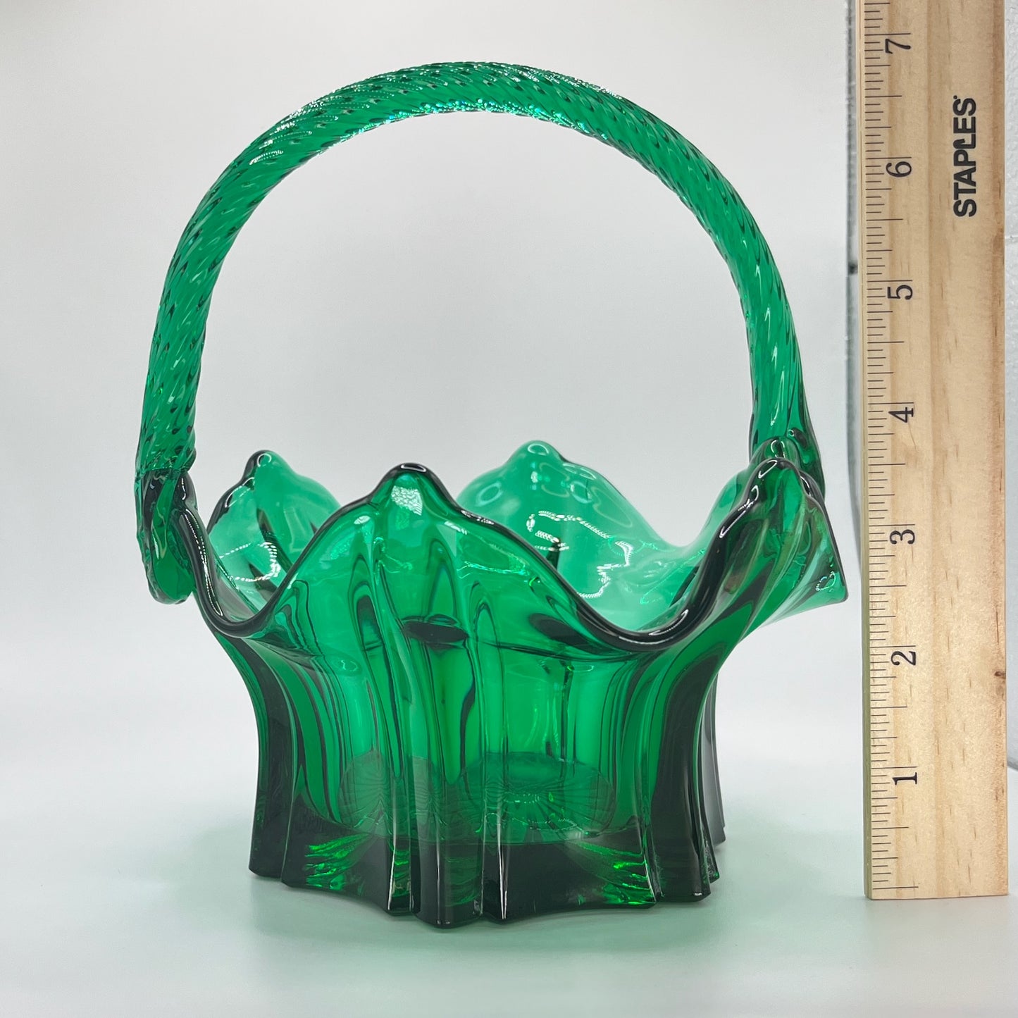 Vintage Emerald Green Art Glass Basket with Twisted Handle