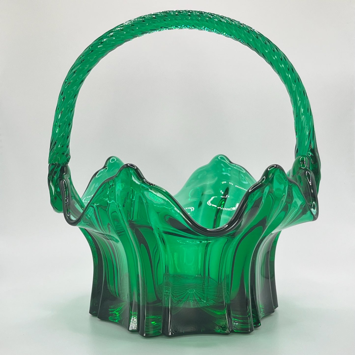 Vintage Emerald Green Art Glass Basket with Twisted Handle