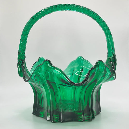 Vintage Emerald Green Art Glass Basket with Twisted Handle