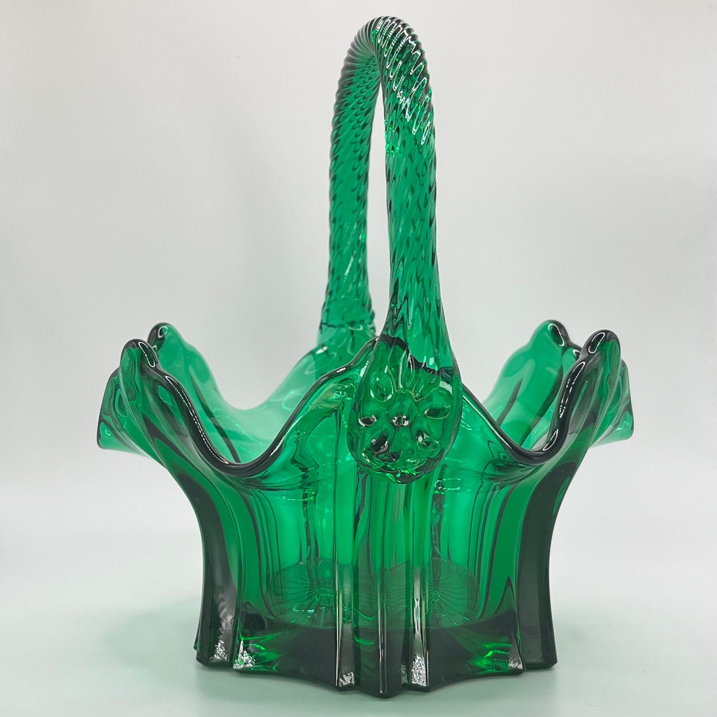 Vintage Emerald Green Art Glass Basket with Twisted Handle