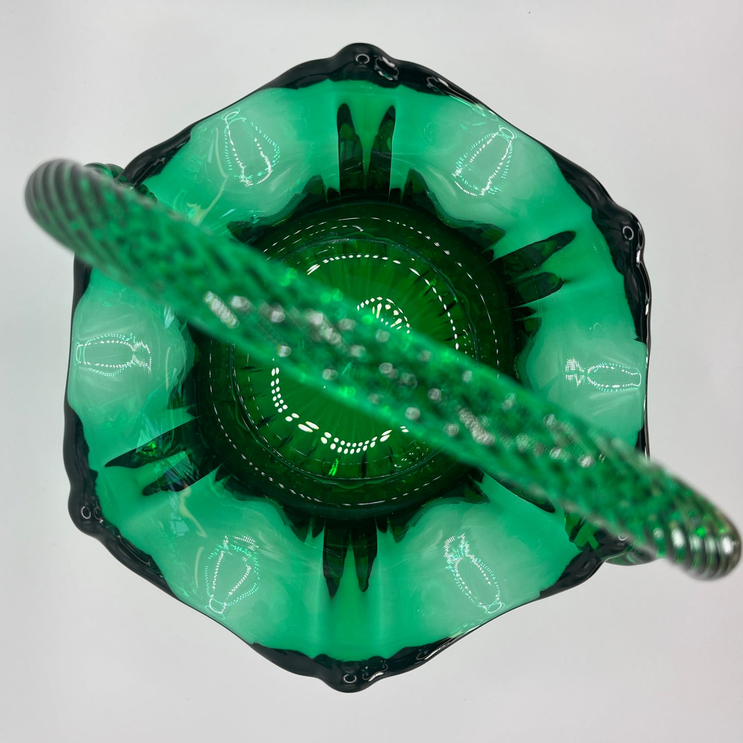 Vintage Emerald Green Art Glass Basket with Twisted Handle