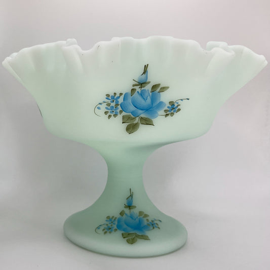 Fenton Blue Satin Glass Compote – Handpainted by Amy S.
