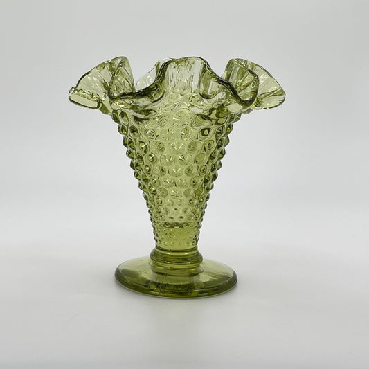 Fenton Green Hobnail Mini Vase – Ruffled Edge Pedestal Base