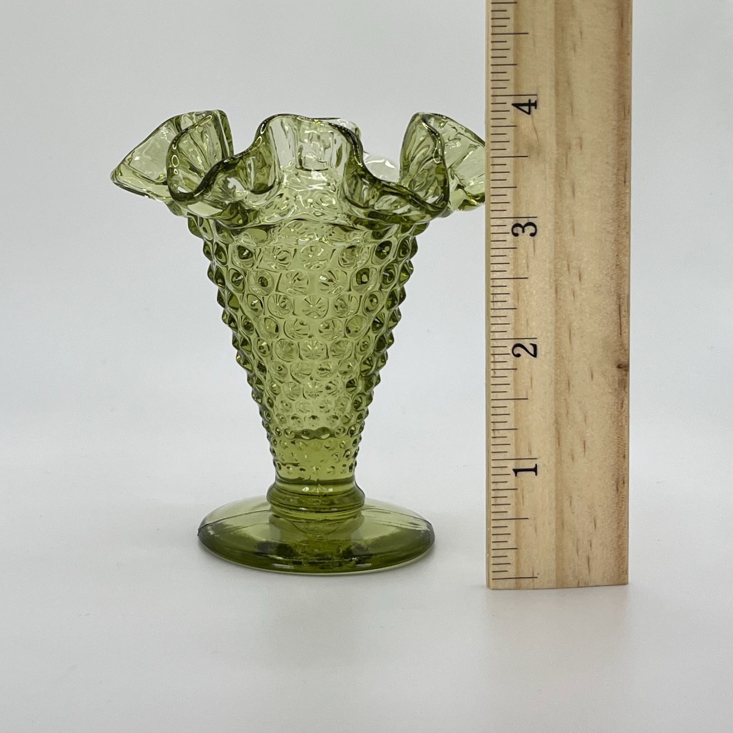 Fenton Green Hobnail Mini Vase – Ruffled Edge Pedestal Base