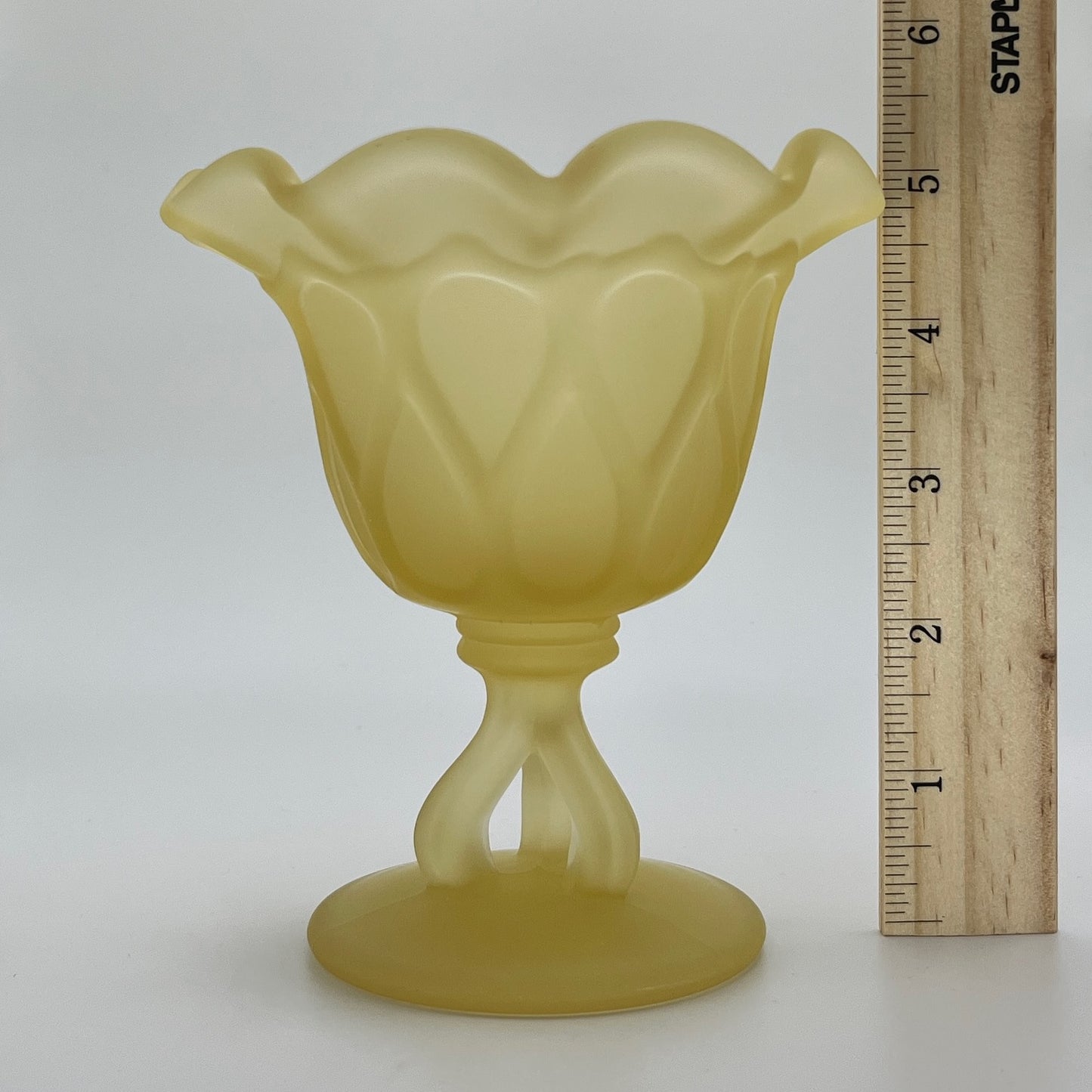 Vintage Westmoreland Doric Satin Yellow Crimped Pedestal Vase – Frosted Glass Footed Dish